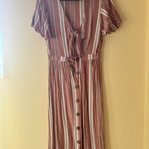 Striped Brown and White Button-Down Dress